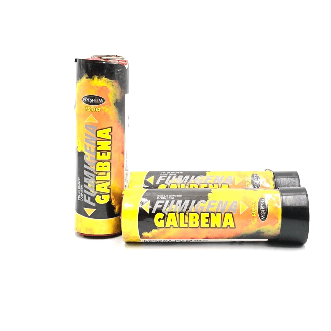 Fumigenă galbenă FS704 de la Magazin Artificii, activată prin inel – efect de fum intens